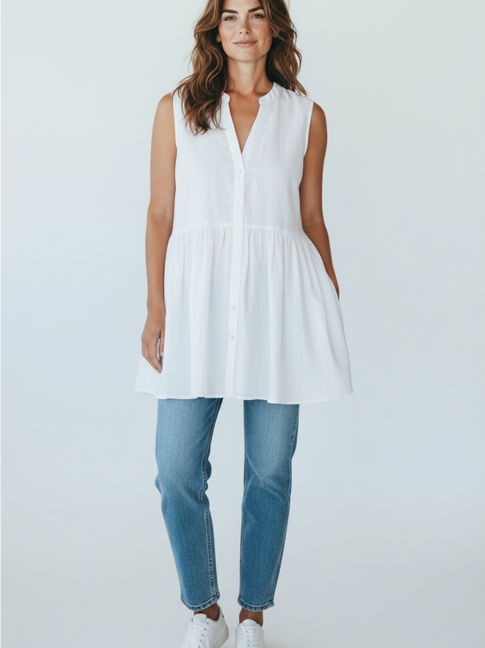 170 Anthropologie White Sleeveless Button-Front Tunic